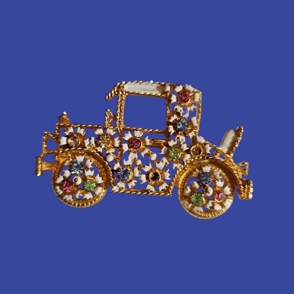 Vintage Floral Retro Ford Model-T Antique Car Brooch FLAWED